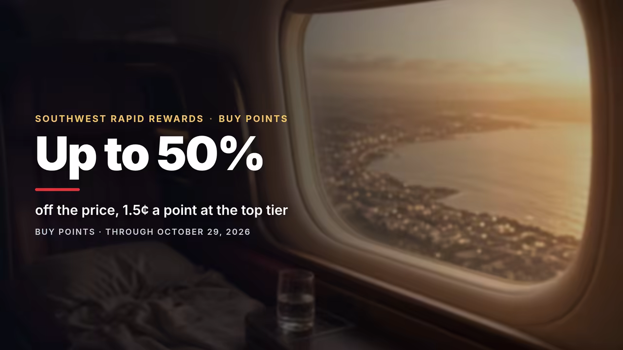 Southwest Rapid Rewards Buy Points: Up to 50% Off at 1.5¢ a Point (October 2026)