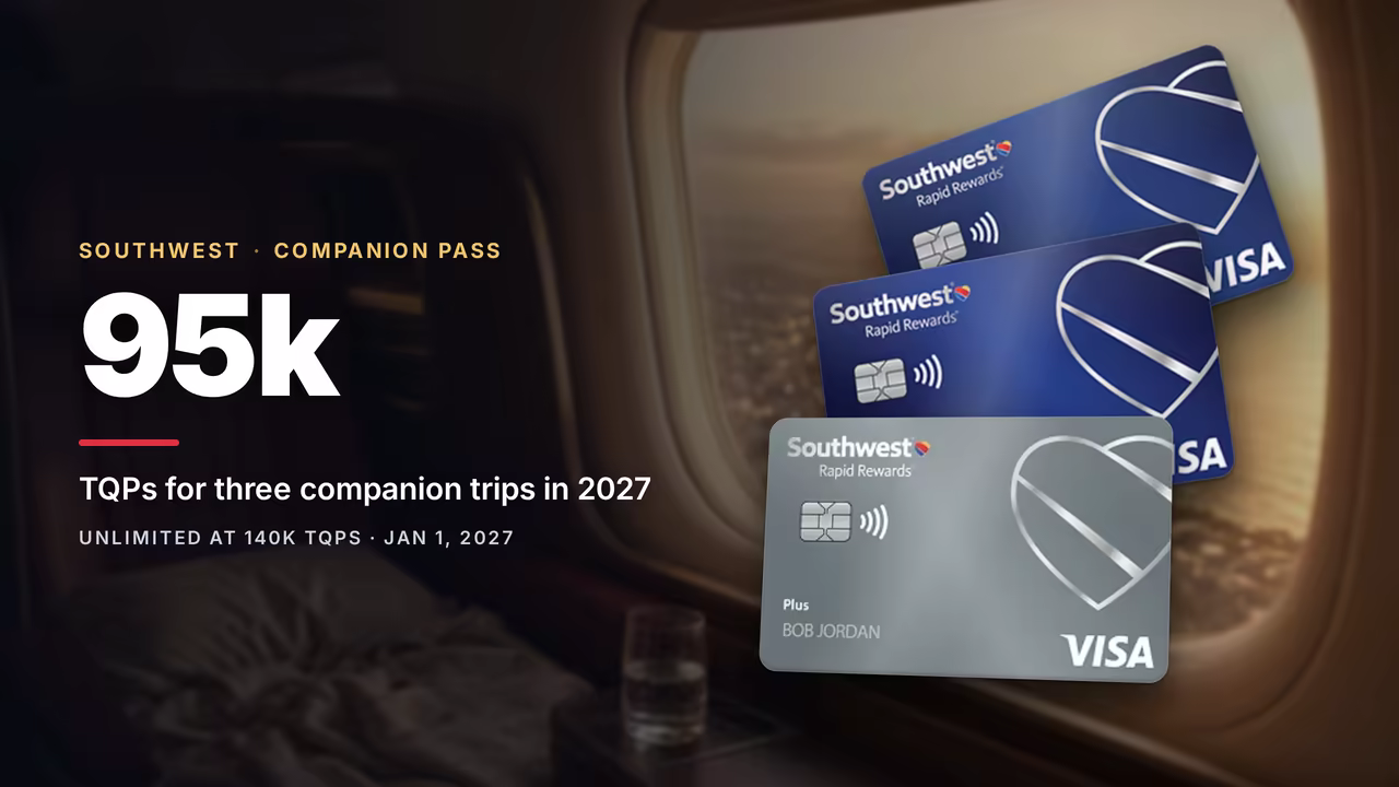 Southwest Companion Pass in 2027: Three Trips at 95,000 TQPs, Unlimited at 140,000